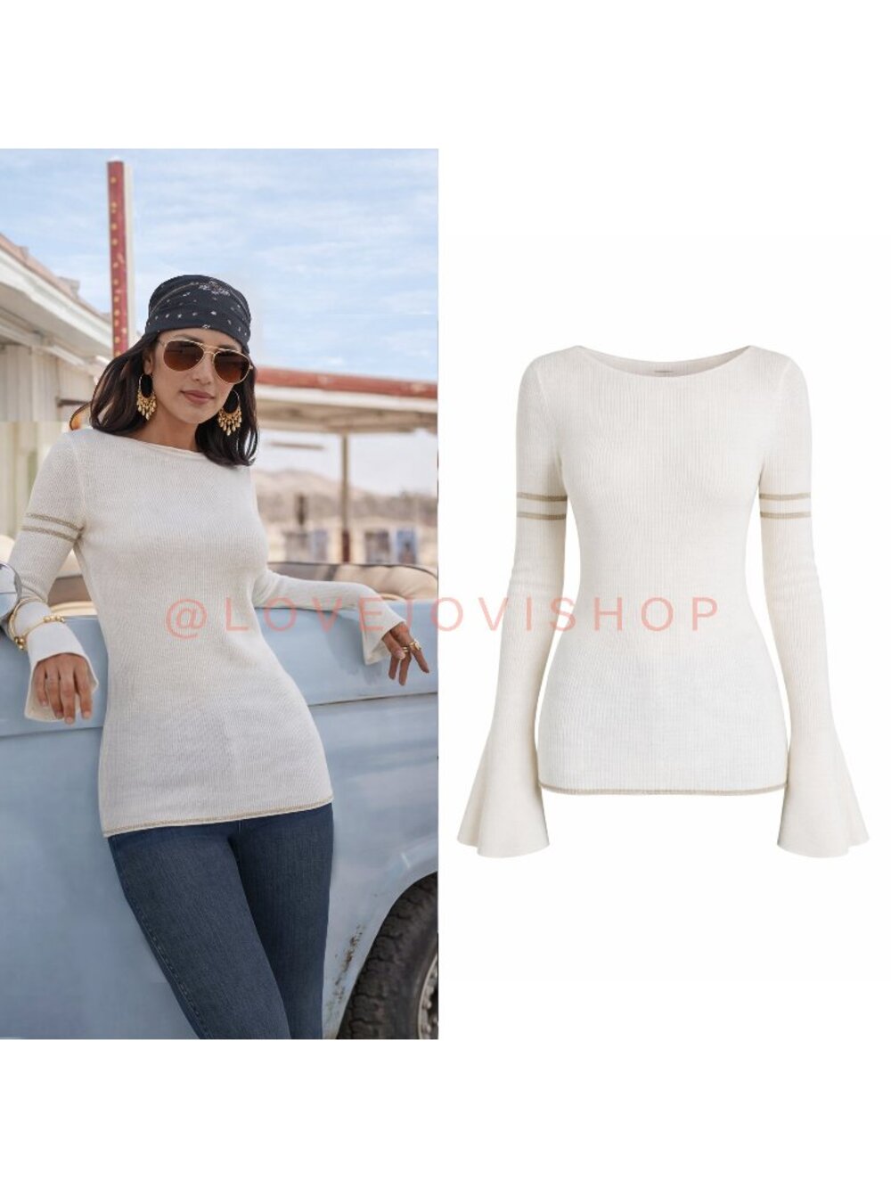 Bohemian | Frame Statement Sleeve Crew Neck | Cream Metallic Stripes | Fine Knit